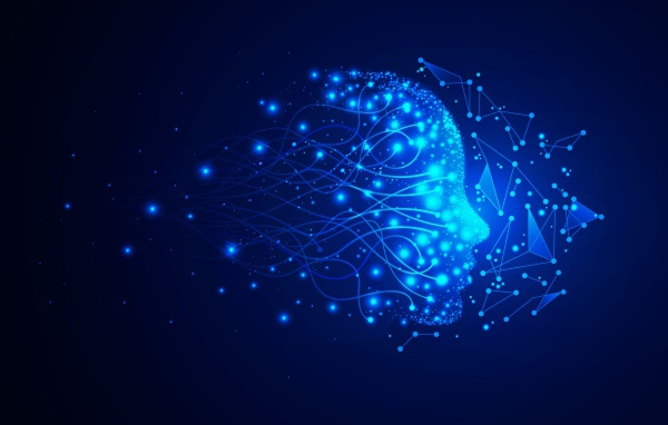 Неоновое лицо с точками на синем фоне 