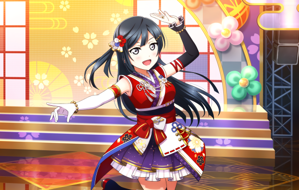 Девушка аниме в красивом платье в зале 