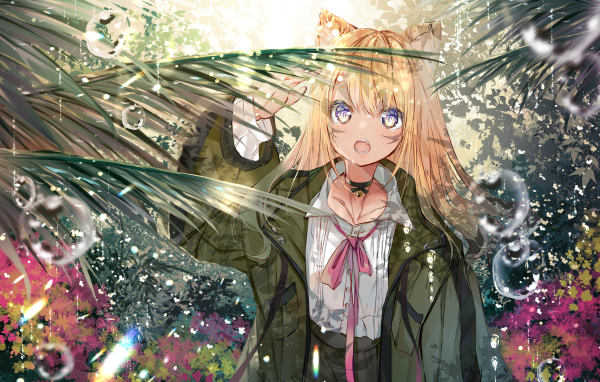 Аниме девушка в зеленых листьях папоротника