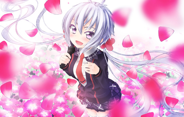 Девушка аниме на фоне с розовыми лепестками 
