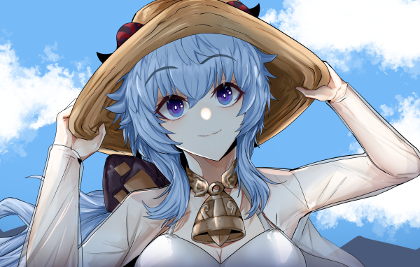 Девушка аниме с голубыми волосами в шляпе