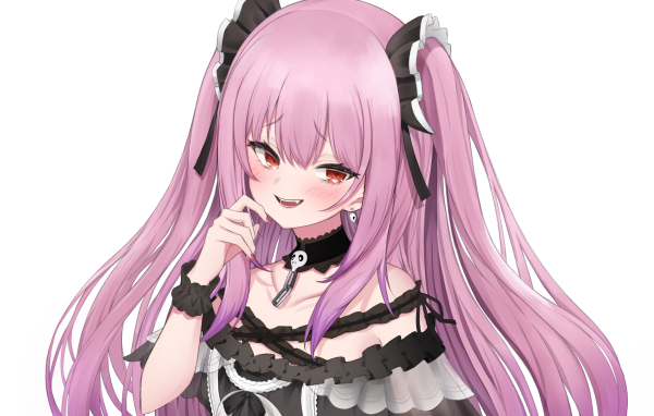 Девушка аниме с розовыми волосами на белом фоне