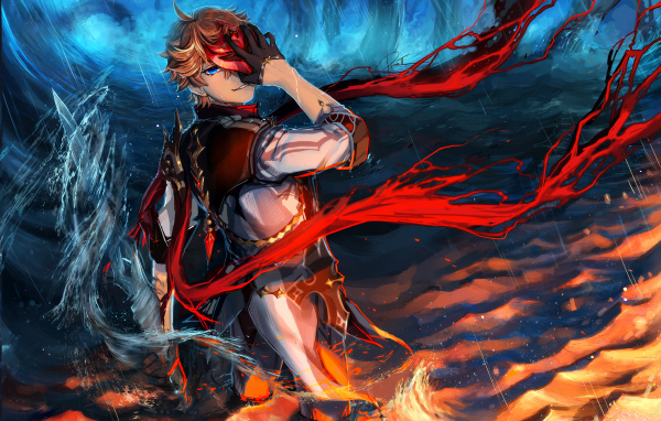 Мужчина аниме закрыл лицо рукой в воде