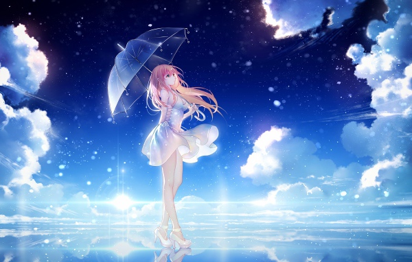 Красивая девушка аниме под зонтом на фоне  неба