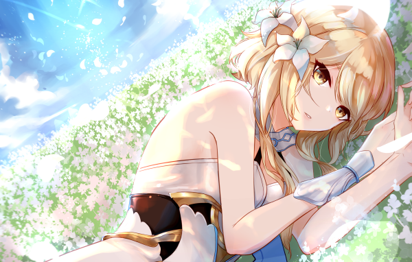 Красивая девушка аниме с цветами в волосах