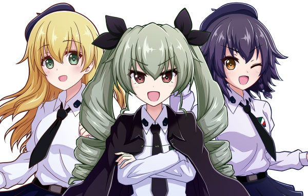 Три девушки на белом фоне аниме  Девушки И Танки