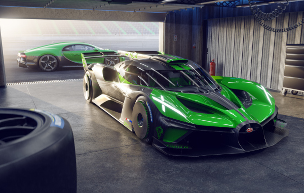 Зеленый гоночный автомобиль Bugatti Bolide 2022 года в гараже