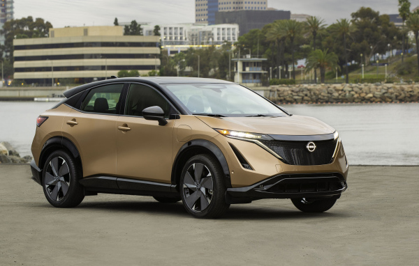 Коричневый автомобиль Nissan Ariya SL E-4orce, 2021 года у воды