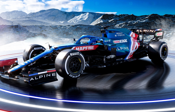 Гоночный Alpine A521 2021 года F1 Car на фоне гор