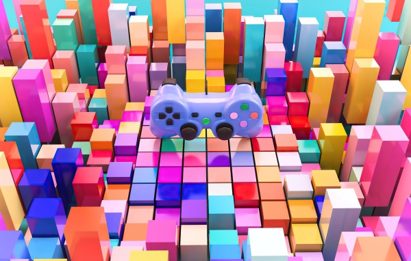 Игровой пульт от приставки Playstation на фоне четырехугольников 