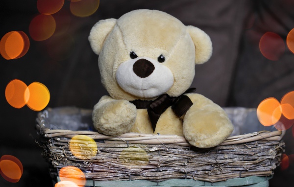 Плюшевый медведь сидит в корзине