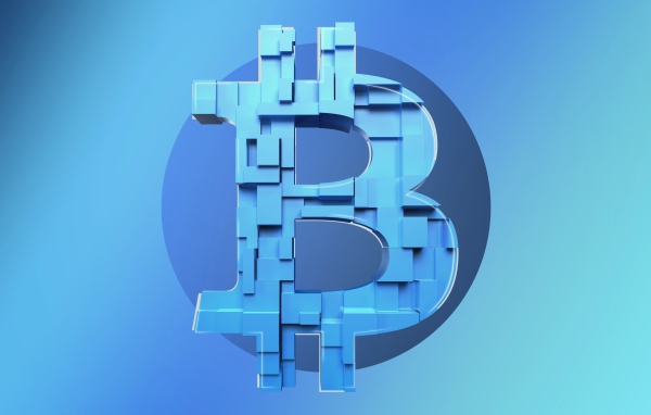 Знак биткоин на голубом фоне