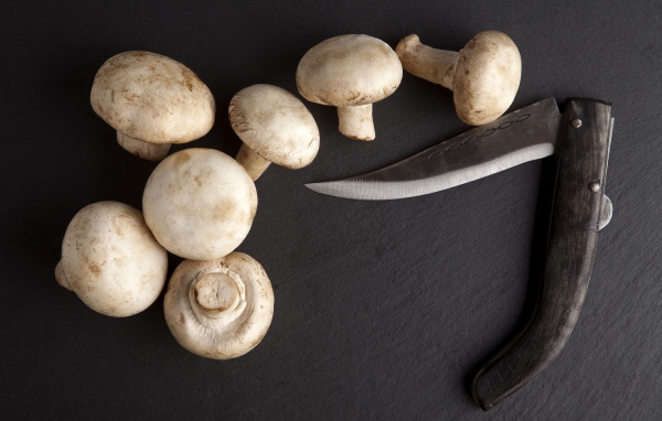 Шампиньоны на сером столе с ножом