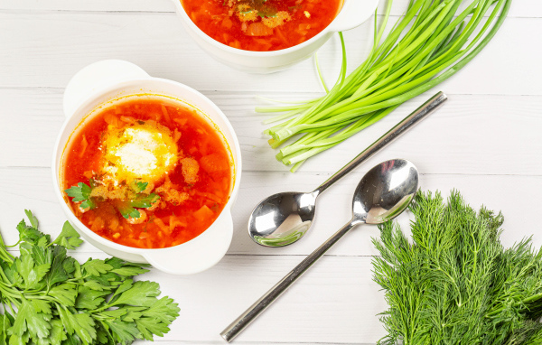 Две тарелки борща на столе с зеленью петрушки, луком и укропом