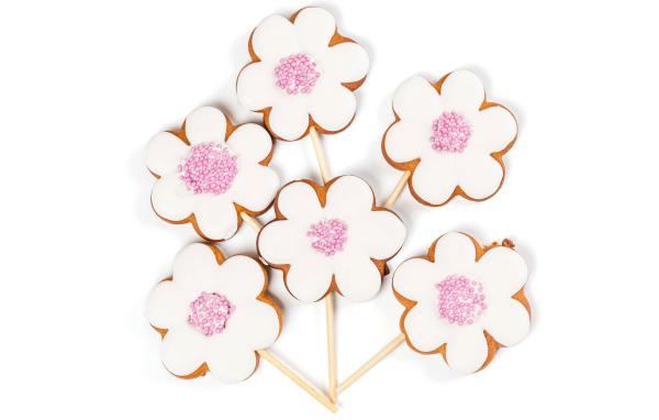 Красивое печенье в форме цветов на белом фоне