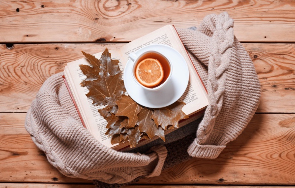 Чашка чая с лимоном на столе с книгой и теплой кофтой