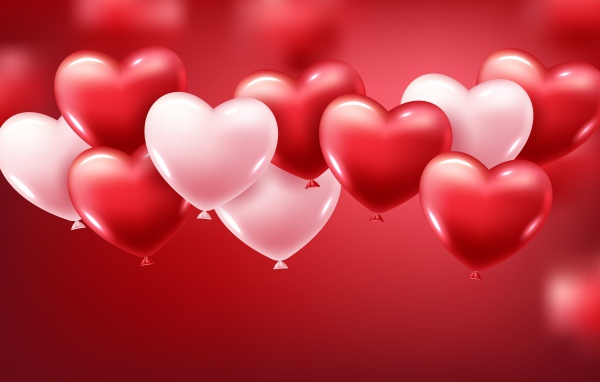 Белые и красные шарики в форме сердца на красном фоне