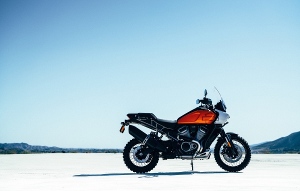 Stylish new 2021 Harley-Davidson Pan America motorcycle against the sky