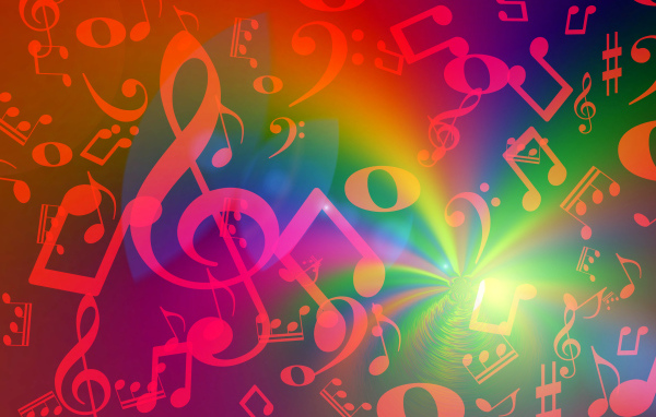 Яркие красные ноты в радужном свечении 