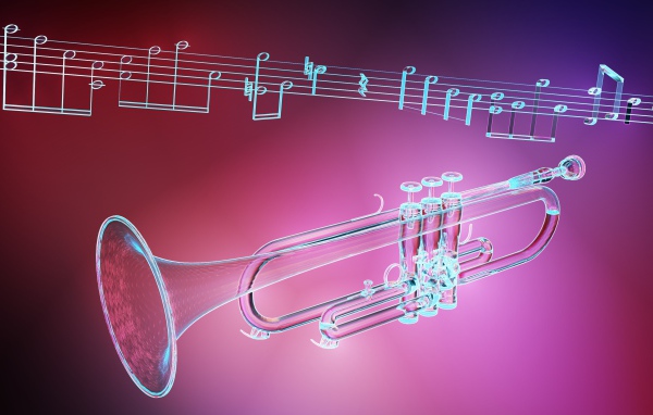 Труба и ноты на розовом фоне