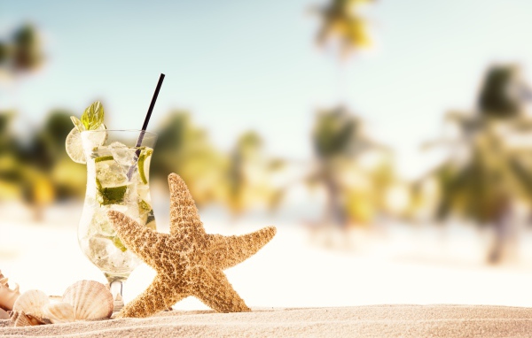Морская звезда и бокал мохито на песке летом