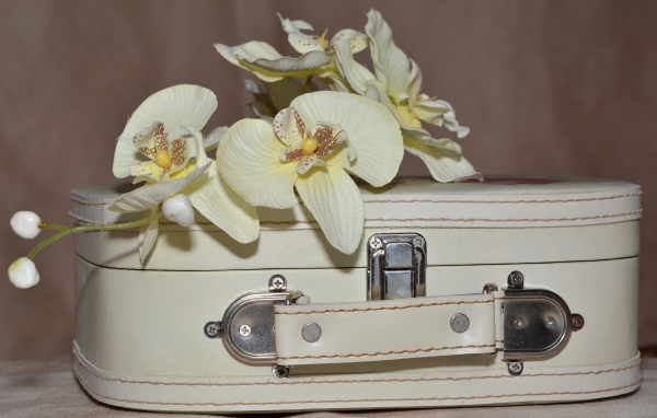 Ветка цветов орхидеи лежит на белом чемодане
