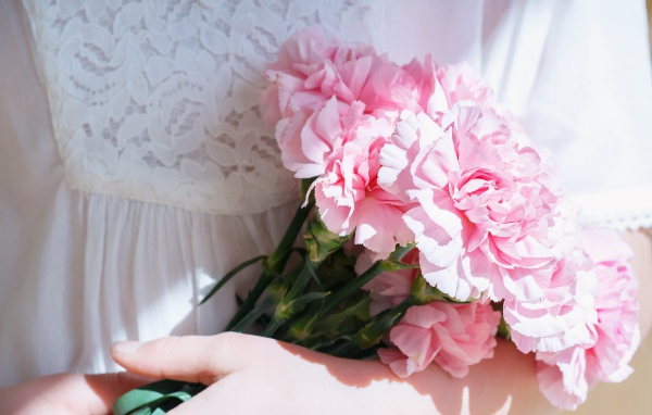 Букет розовых цветов гвоздики в руках у невесты
