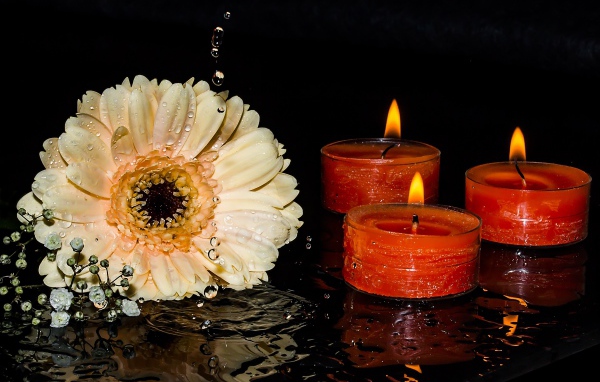 Кремовая гербера со свечами на мокром столе