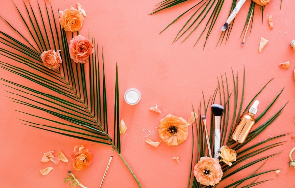 Розы и листья пальмы на розовом фоне 