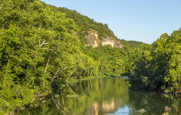 Зеленые деревья на склоне утеса над рекой 