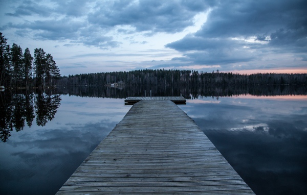 Большой деревянный мост на реке у леса