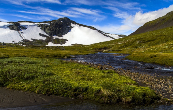 Горная река стекает с заснеженных гор 