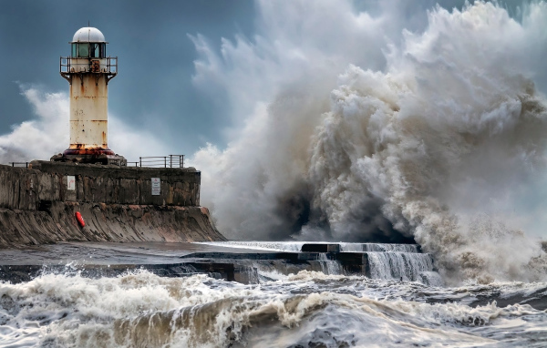 Штормовые волны бьются о маяк 
