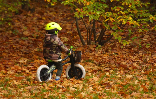Маленький мальчик на велосипеде в осеннем парке 