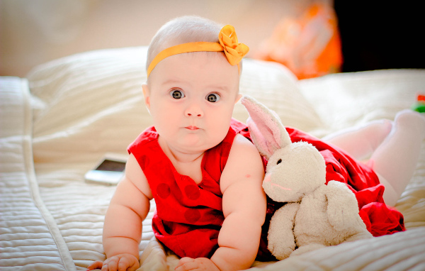 Маленькая девочка в красном платье с игрушкой 