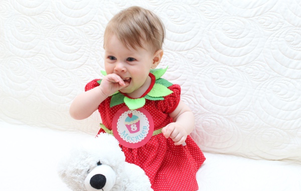 Маленькая девочка в красном платье с игрушкой на белом фоне