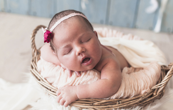 Новорожденная девочка лежит в корзине 