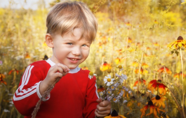 Улыбающийся голубоглазый мальчик с полевыми цветами 