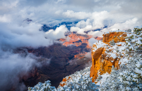Вид на Гранд каньон под белыми облаками,США
