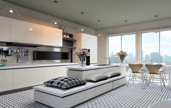 Красивая просторная кухня в сером цвете 