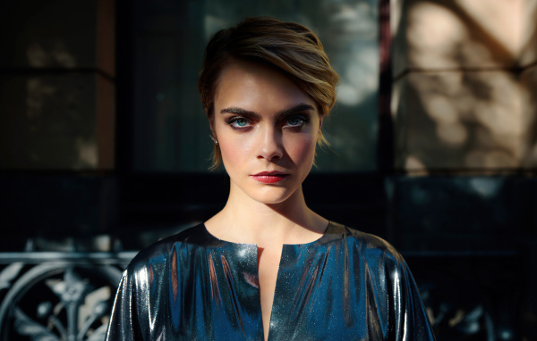 Яркая голубоглазая девушка Кара Делевинь в платье