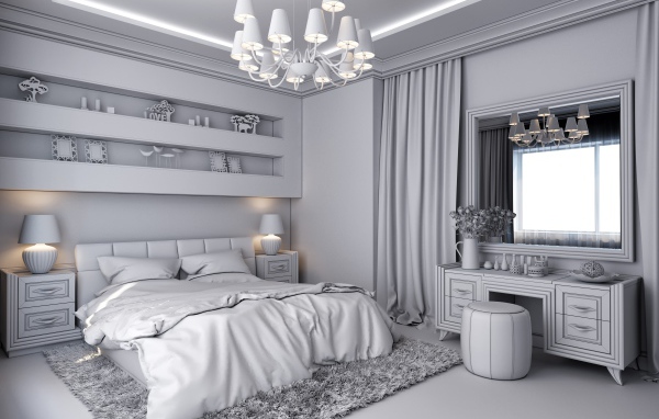 Серый интерьер спальной комнаты с большой люстрой 
