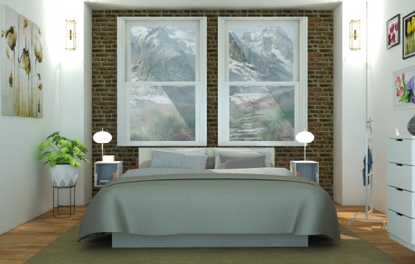 Большая кровать  в комнате с картинами на стенах 