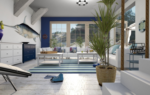 Большая просторная гостиная в бело-голубом стиле