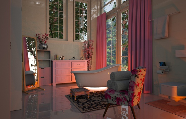 Кресло стоит в ванной комнате с большим окном