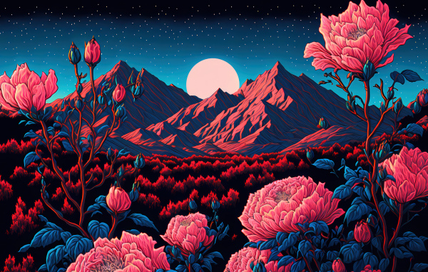 Красивые красные 3д цветы на фоне гор