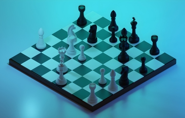 Шахматы 3д на доске на голубом фоне