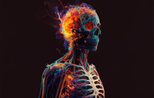 Огненный скелет мужчины на черном фоне