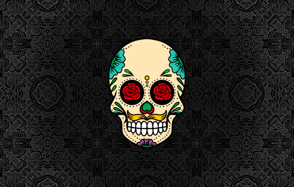 Нарисованный череп на сером фоне с узорами