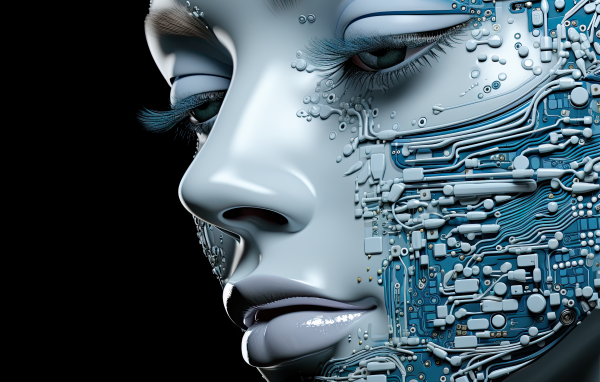 Лицо девушки робота на черном фоне 3д графика